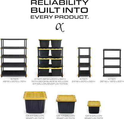 BLACK & YELLOW 5-Tier Heavy Duty Plastic Storage Shelving Unit, 5 Shelves Support up to 100lb/shelf, Organization and Storage, Weather-Resistant Design, Easy Assembly, American Made (72H x 24W x 20D)