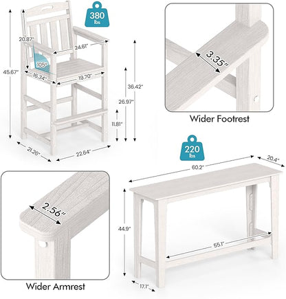 Ciokea 3 Pcs Outdoor Bar Height Table Set, 60" Extra Long Rectangle High Top Table and 2 Oversized Adirondack Chairs Set, Heavy-Duty All-Weather HDPE Patio Bar Set for Backyard Balcony Deck, White