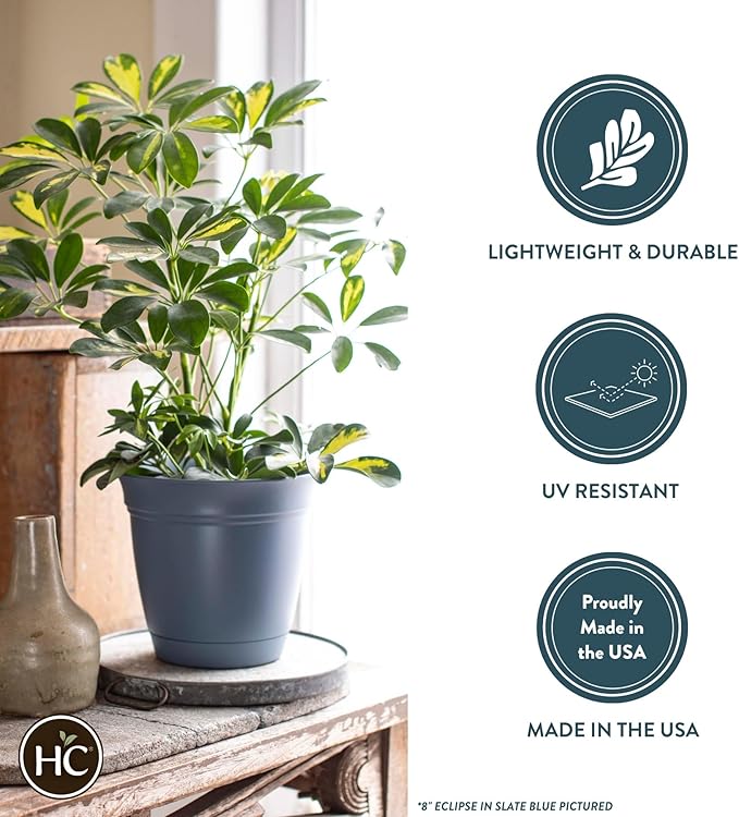 The HC Companies 8 Inch Eclipse Round Planter Pots with Drainage Holes & Attached Saucer, Lightweight UV-Resistant Plastic Indoor & Outdoor Planters, 6-Pack Flower Pots for Garden & Home Decor, Rose