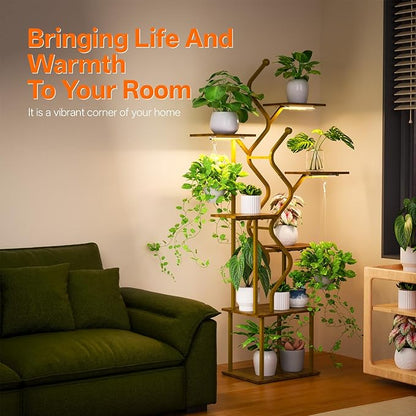 Bstrip 63 Inch Plant Stand with Grow Light, 7-Tier Indoor Plant Shelf with Hanging Hooks, Decor Corner Plant Stand for Living Room & Patio, Gold