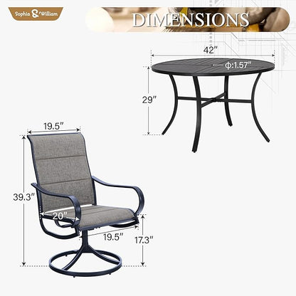 Sophia & William Patio Sets 5 Pieces Patio Dining Set for 4, Textilene Swivel Dining Chairs Padded with Round Metal Dining Table Outdoor Dining Furniture All Weather Textilene for Garden Porch