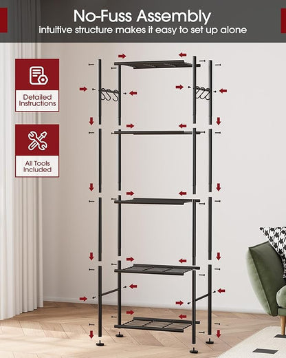 Storage Shelves - 5-Tier Large Capacity Shelf Organizer with Hooks, Heavy-Duty Garage Shelving with Leveling Feet, Wobble-Free Rack for Bedroom, Balcony, Garage, 18.1"×12.4"×56.8", Black