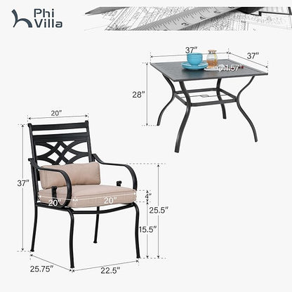 PHI VILLA 5 Pieces Outdoor Dining Set for 4, 37" Square Black Metal Table with Umbrella Hole & Wrought Iron Chairs, All Weather Large Outside Furniture with Cushions & Pillows for Patio, Deck, Porch