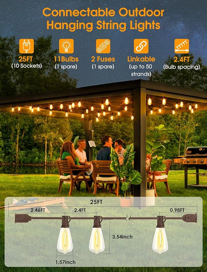 25FT Outdoor String Lights, Patio Lights with 10+1 LED Dimmable Waterproof Shatterproof Linkable ST38 Bulbs for Fence Porch Gazebo, Brown