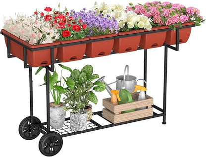 YBING Elevated Garden Bed with Wheels Outdoor 42x17x30in Elevated Raised Planter Box Stand 6 Pocket Herb Garden Planter with Storage Shelf for Balcony Patio, Red