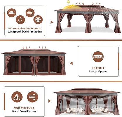COBIZI Gazebo 12x20 Heavy Duty Gazebos with Curtain and Netting Outdoor Gazebo Canopy Double Roof Patio Gazebos with Metal Steel Frame for Patio, Deck, Backyard-Brown