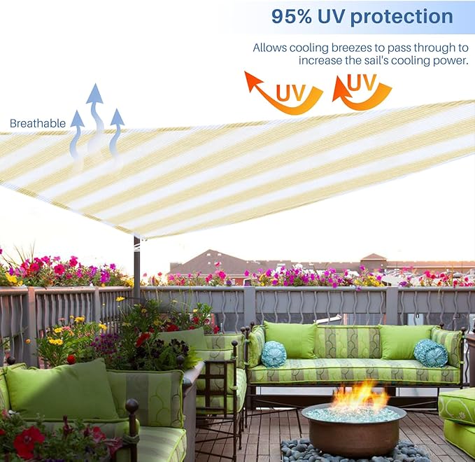 E&K Sunrise 18' x 18' x 18' Sun Shade Sail Triangle Canopy Shade Cover UV Block for Patio Backyard Garden Outdoor (Beige White Strip)