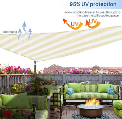 E&K Sunrise 24' x 24' x 24' Sun Shade Sail Triangle Canopy Shade Cover UV Block for Patio Backyard Garden Outdoor (Beige White Strip)