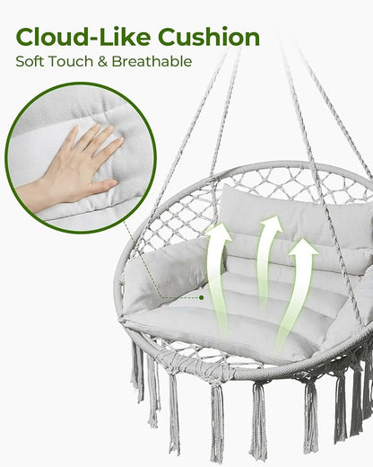 Greenstell Hammock Chair, Macrame Swing Chair with Comfy Cushion, Boho Hanging Chair for Outdoor & Indoor, Perfect for Bedroom, Patio, Balcony, Hold up to 350Lbs, Grey