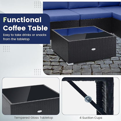 Tangkula 10 Pieces Patio Sofa Set, Outdoor Wicker Conversation Set with Soft Cushions, Tempered Glass Tabletop, Sofa Fastener Clips Included, Rattan Furniture Set for Backyard, Poolside (Navy)