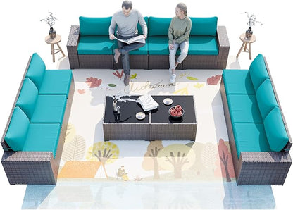 ALAULM 12 Pieces Outdoor Patio Furniture Set Sectional Sofa Sets Brown PE Rattan Patio Conversation Set w/10 Turquoise Blue Seat Cushions and 2 Coffee Tables