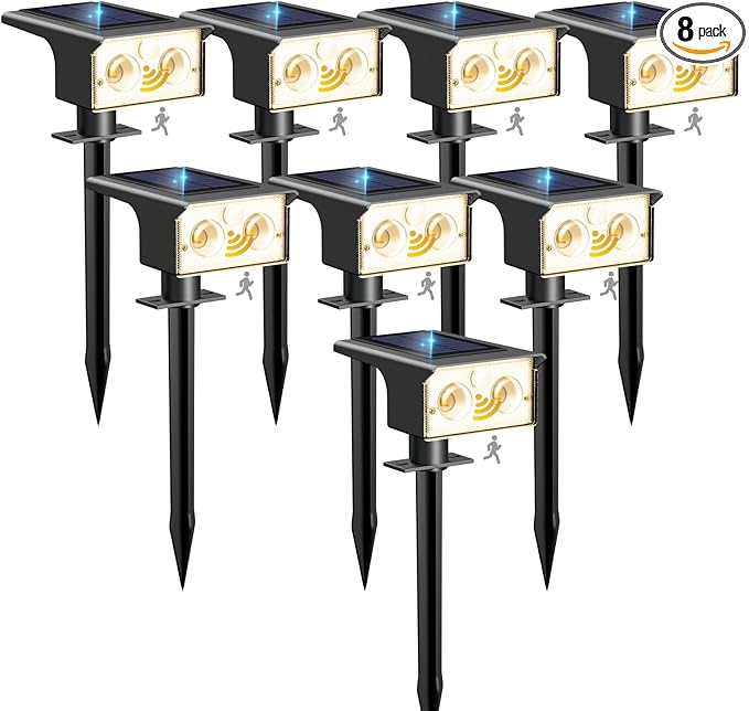 btfarm Solar Spot Lights Outdoor Waterproof, 8 Pack/3 Modes Motion Sensor Lights, Solar Powered Spotlights 2-in-1 Auto On/Off for Outside Pathway Yard Garden Landscape Lighting, Warm White