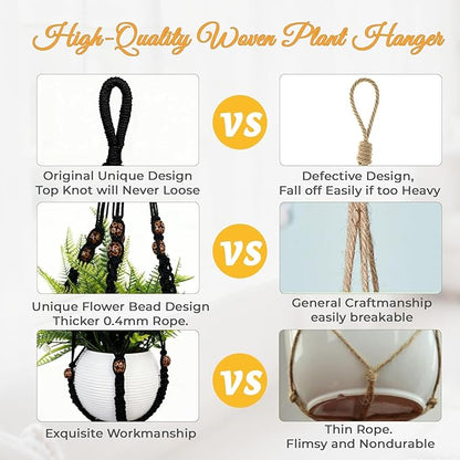 35 Inch Macrame Plant Hanger, Large for up to 15 Inch Pot Extra Long Hanging Planter Holder Basket with Wood Beads for Indoor Outdoor Home Decor (Black, 2-Pack)