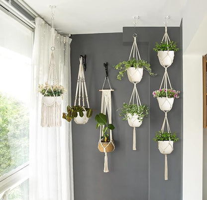 Mkono Macrame Plant Hangers, 5 Pack Different Tiers Indoor Hanging Planters Basket with 5 Hooks Decorative Flower Pots Holder Stand Boho Home Decor, Ivory