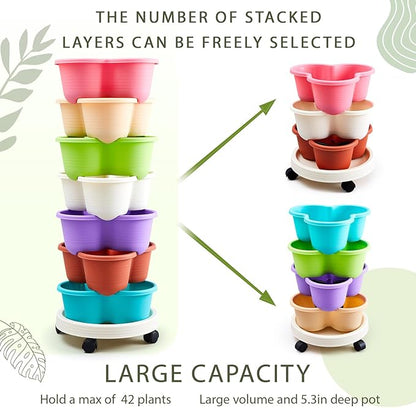 Umigy 2 Set Multicolor 7 Tier Stackable Vertical Planters with Removable Wheels and Tools Tower Planters Strawberry Herb Flower Vegetable Pots Indoor Outdoor Gardening Pots