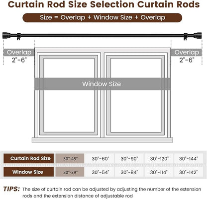 1” Diameter Curtain Rods Itself is 30 to 45 inch 2 Pack Fit 30-39 inch Window with Heavy Duty Adjustable Rod Matte Black Splicing Metal Extra Long Curtain Rod for Windows