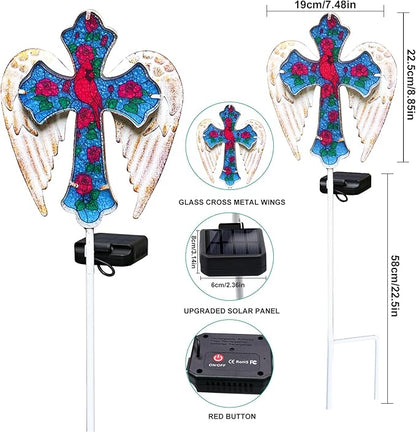 YJFWAL Cardinal Bird&Rose Cross Garden Stake Light, Solar Glass Cross for Cemetery Grave, Easter Cross Angel Wings Sympathy Memorial Gifts, Garden Lawn Yard Patio Decor