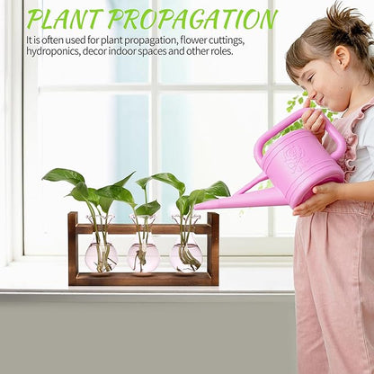 Terrarium Propagation Station with 3 Pink Glass Bulbs and Wooden Stand