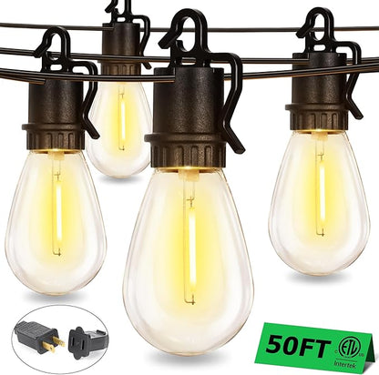 50FT Outdoor String Lights with 25 Shatterproof S14 Vintage Edison Bulbs E12 Sockets,2700K Dimmable Outdoor Lights,IP55 Waterproof LED String Lights for Outside, Patio, Garden, Backyard,Bistro