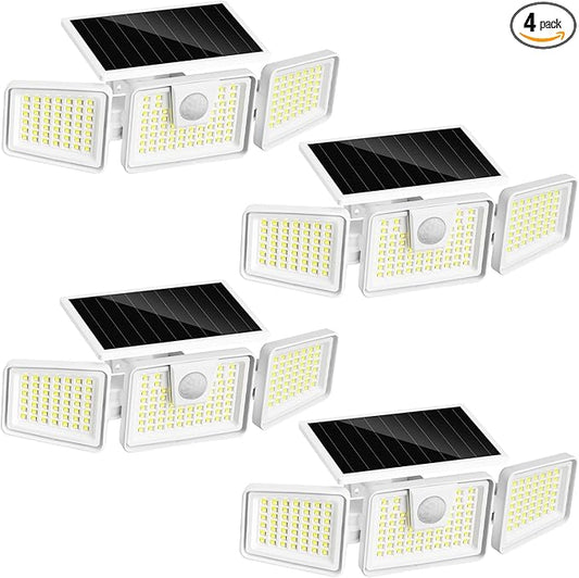 INCX Solar Lights Outdoor with Motion Sensor, 3 Heads Security Lights Solar Powered, 156 LED Flood Light Motion Detected Spotlight for Garage Yard Entryways Patio, IP65 Waterproof, White, 4 Pack