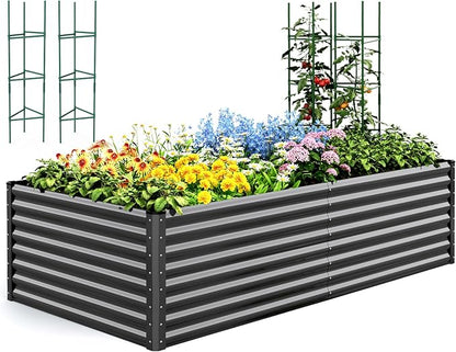 Quictent Galvanized Raised Garden Bed 8x4x2 Ft Tall Metal Planter Box for Vegetables Bottomless for Backyard, 2 Tomato Cages Included, 22.04" Deep, Dark Grey