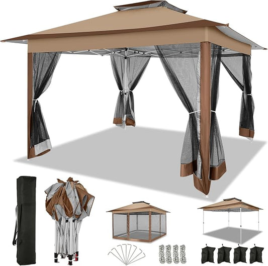 COBIZI 12x12 Pop up Gazebo on Clearance Canopy Tent, carpas para Patio, Outdoor Canopy with Portable Carrying Bag for Vendor, Outdoor Patio Gazebo for Garden, Backyard,Beach, Brown