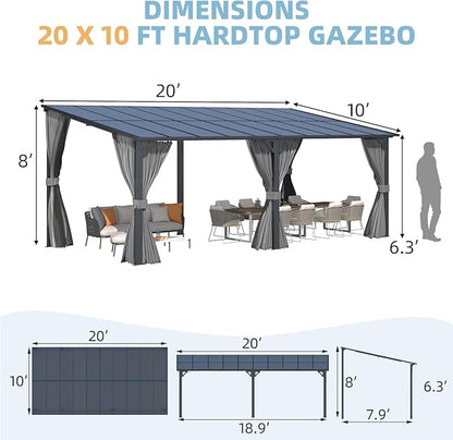 AECOJOY 20' x 10' Outdoo Gazebo for Patio with Curtains and Netting, Large Wall-Mounted Pergolas and Gazebos Clearance Hardtop 10x20 Lean to Metal Gazebo with Patio Roof, Heavy Duty Awnings for Patio