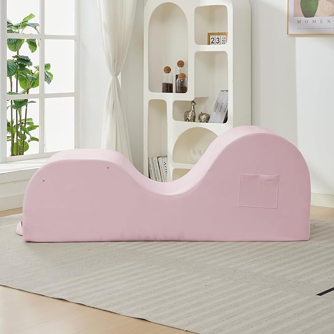 ijuicy Sleek Chaise Lounge Chair for Exercise, Indoor Lounger with Headrest, Waist Cushion, Movable Footrest, Side Pockets, Non-Slip Bottom, High Density Sponge, Pink