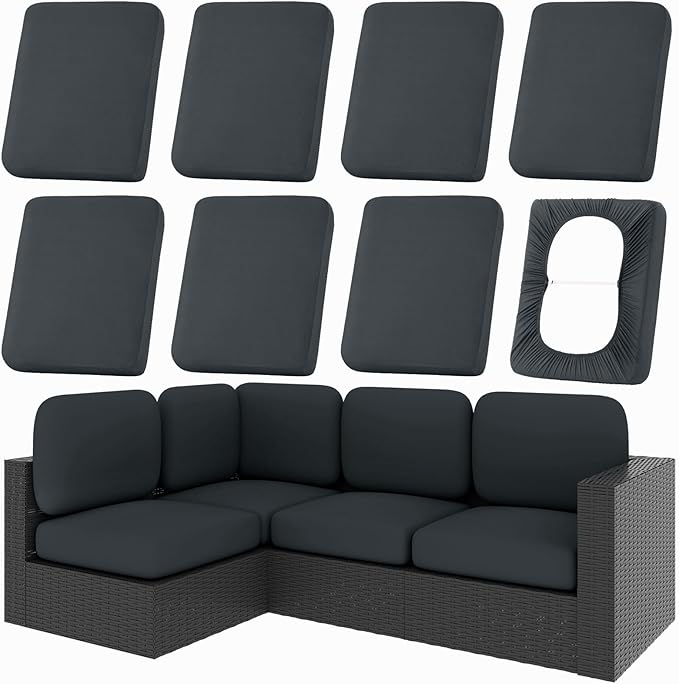 Patio Cushion Covers in Dark Gray, Stretch Fit with Non-Slip Straps