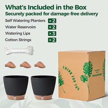 T4U 2 Pack 8 Inch Self Watering Pots - Water Level Indicator & Deep Reservoir, Mess-Free Planter for Busy People, Beginners & Gardeners, Pothos/Herbs/Snake Plants, Indoor Outdoor Use (Black)