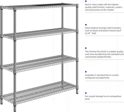 2800 LBS 59" W 4 Tier Storage Shelves Rack Metal Wire Shelving Unit, Storage Standing Shelf Organizer for Laundry Bathroom Kitchen Pantry Garage Utility Room, Chrome 17.7" D x 59.1" W x 70.4" H