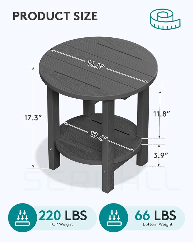 Round Outdoor Side Table, 2-Tier Gray HDPE Patio End Table