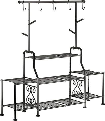 GIOTORENT 3-Tier Tall Metal Plant Stand Indoor Outdoor - Heavy Duty Plant Shelf for Garden, Patio, Balcony with 5 Hanging Hooks, Holds 16-25 Plants, Black