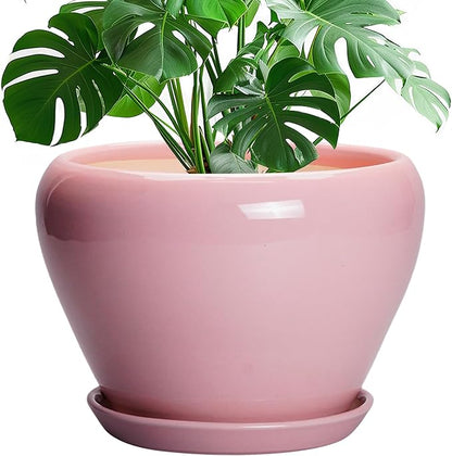 10 Inch Plant Pot - Ceramic Planter for Indoor Plants, Glaze Modern Round Planter with Drainage Hole and Saucer, Gifts for Plant Lovers, Office Patio Home Room Decor, Pink