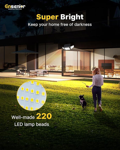 Ensenior Solar Lights Outdoor Motion Sensor, 2600LM 220 LED High Brightness, 3 Head 270° Wide Angle Flood Lights, Remote Control Security Lights 4 Modes, IP65 Waterproof Wireless Wall Light, 4 Pack