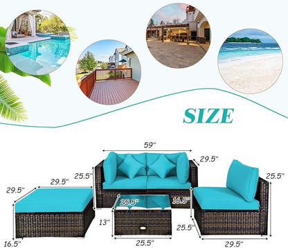 Tangkula 5 Pieces Patio Rattan Furniture Set, Outdoor Sectional Rattan Sofa Set with Back & Seat Cushions, Wicker Conversation Set with Tempered Glass Table for Backyard Porch Poolside (Turquoise)