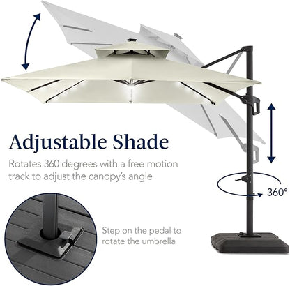 Best Choice Products 9x12ft LED Cantilever Patio Umbrella w/Base Included & 360° Rotation, Large Solar Offset Hanging Outdoor Sun Shade for Deck, Backyard Table w/Stand & Lights – Ivory