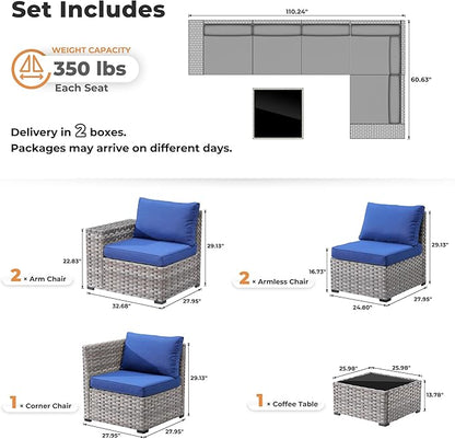 ovios 6 Pieces Patio Furniture Set, Outdoor Wicker Sectional Sofa with Glass Table Comfy Cushions, Modern Modular Deep Seat Couch Rattan Conversation Set, Navy Blue