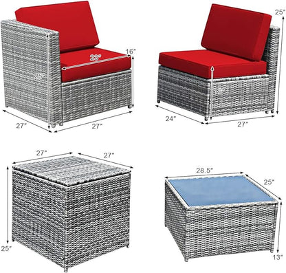 Tangkula 8 Pieces Wicker Patio Furniture Set with Storage Deck Box, PE Rattan Outdoor Sectional Sofa Conversation Set with Coffee Table & Cushions, Outside Furniture for Garden Yard Poolside (Red)