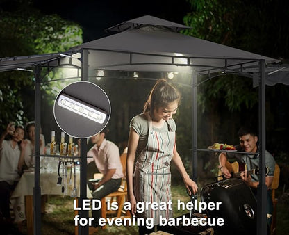 ABCCANOPY Grill Gazebo with 2 Side Awnings - 14x5 Outdoor BBQ Canopy Shelter with 2 Led Lights for Patio Backyard Grilling (Dark Gray)