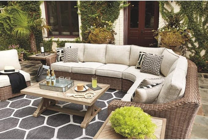 Signature Design by Ashley Beachcroft Outdoor Curved Corner Chair with Cushion, 2 Pillows, Performance Fabric, Resin Wicker, 18.5" Seat Height, Beige