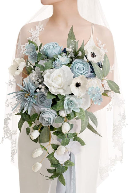Artificial Flowers Cascade Bridal Bouquet, Dusty Blue Silk with Pearls