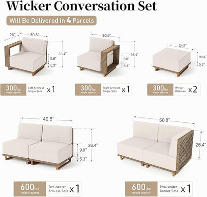 L Shaped Patio Furniture,Outdoor Rattan Wicker Sectional Sofa with 10''Ultra-Thick Cushions,All Weather Patio Conversation Set for Lawn Garden Backyard,Beige