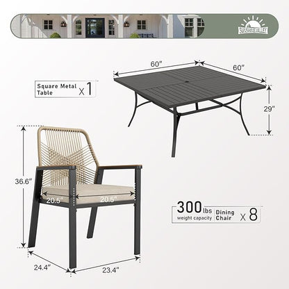 9 Pieces Patio Dining Set, 8 x Woven Rattan Chairs with Waterproof Cushion, 60" Square Metal Dining Table with Umbrella Hole, Outdoor Table and Chairs Set for Backyard Lawn and Deck, Beige