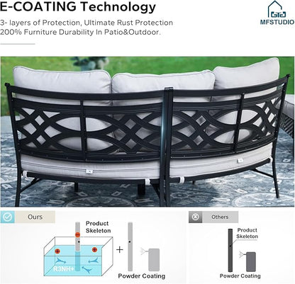 MFSTUDIO Patio Furniture Set, 8 Seats Half-Moon Curved Outdoor Sectional Sofa Conversation Set, Woven Rattan Patio Couch with 2 Wood-Like Round Coffee Table