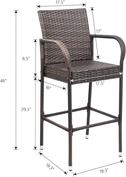 Homall Patio Bar Stools Wicker Barstools Indoor Outdoor Bar Stool Patio Furniture with Footrest and Armrest for Garden Pool Lawn Backyard Set of 2 (Brown)