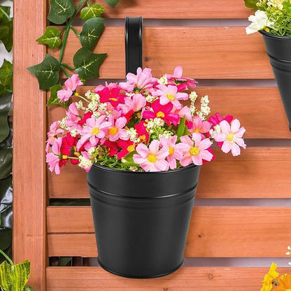 OBTANIM 12 Pack Metal Hanging Flower Pots Railing Planter Outdoor Fence Hanging Bucket Plant Holder with Detachable Hooks Drain Holes for Home Garden Yard Decor (Black and White, 4 x 4 Inch)