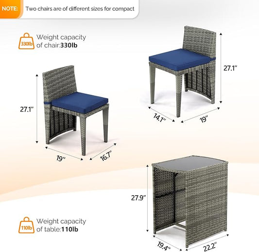 Bistro Set, 3-Piece Grey Wicker with Glass Top Table and 2 Chairs