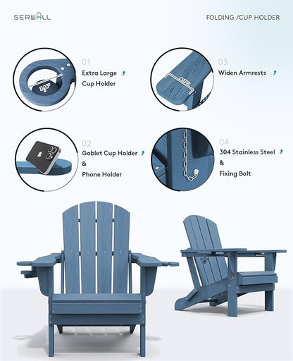 SERWALL Outdoor Round Coffee Table Set, 5-Piece Outdoor Coffee Table and Adirondack Chair with Cup Holders Blue