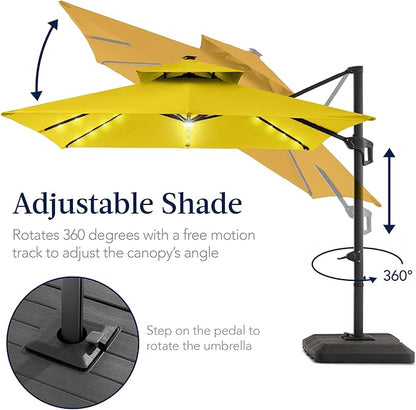 Best Choice Products 12x12ft LED Cantilever Patio Umbrella w/Base Included & 360° Rotation, Large Solar Offset Hanging Outdoor Sun Shade for Deck, Backyard Table w/Stand & Lights – Yellow